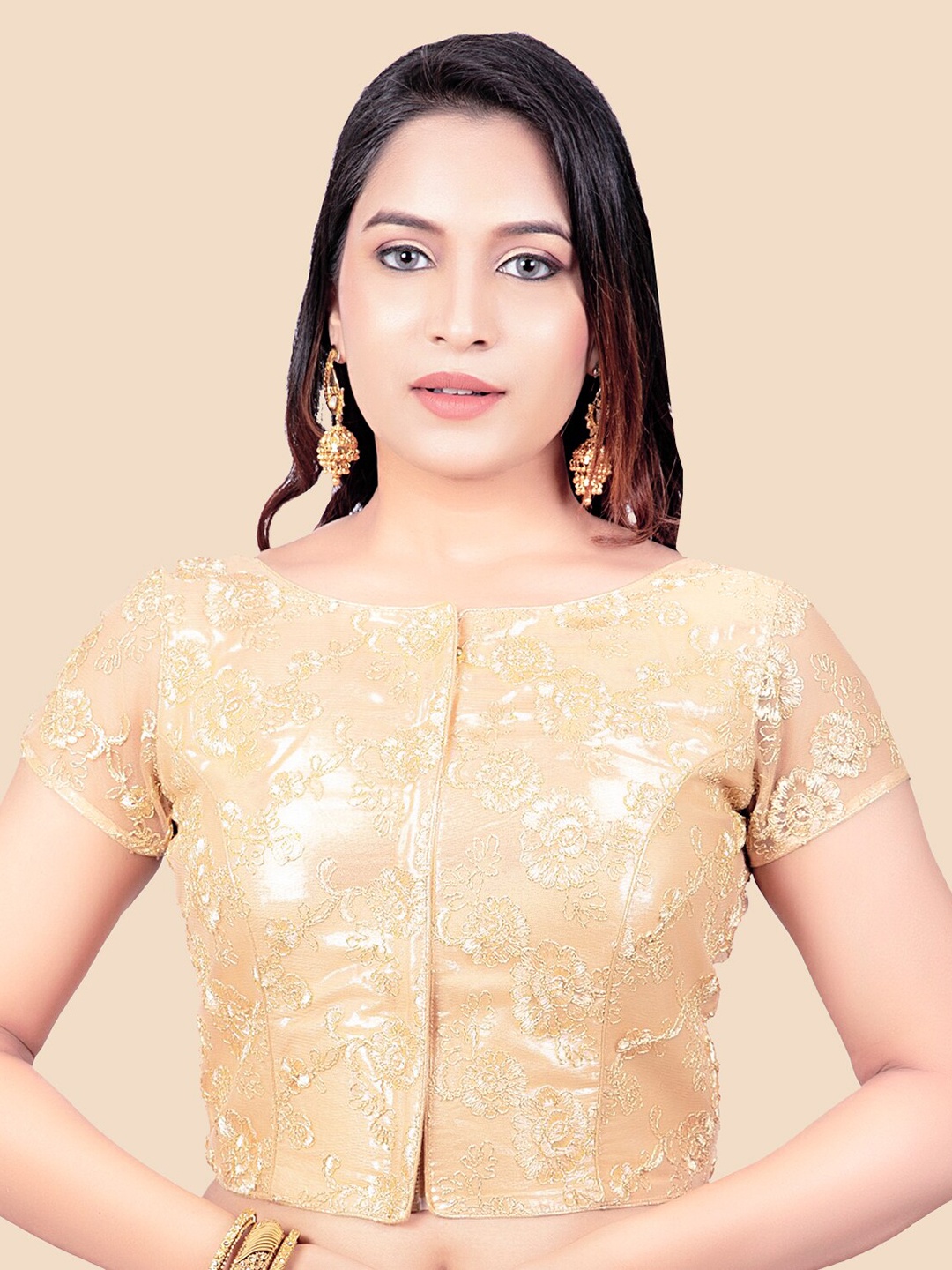 

FEMMIBELLA Golden Embroidered Art Silk Padded Saree Blouse, Gold