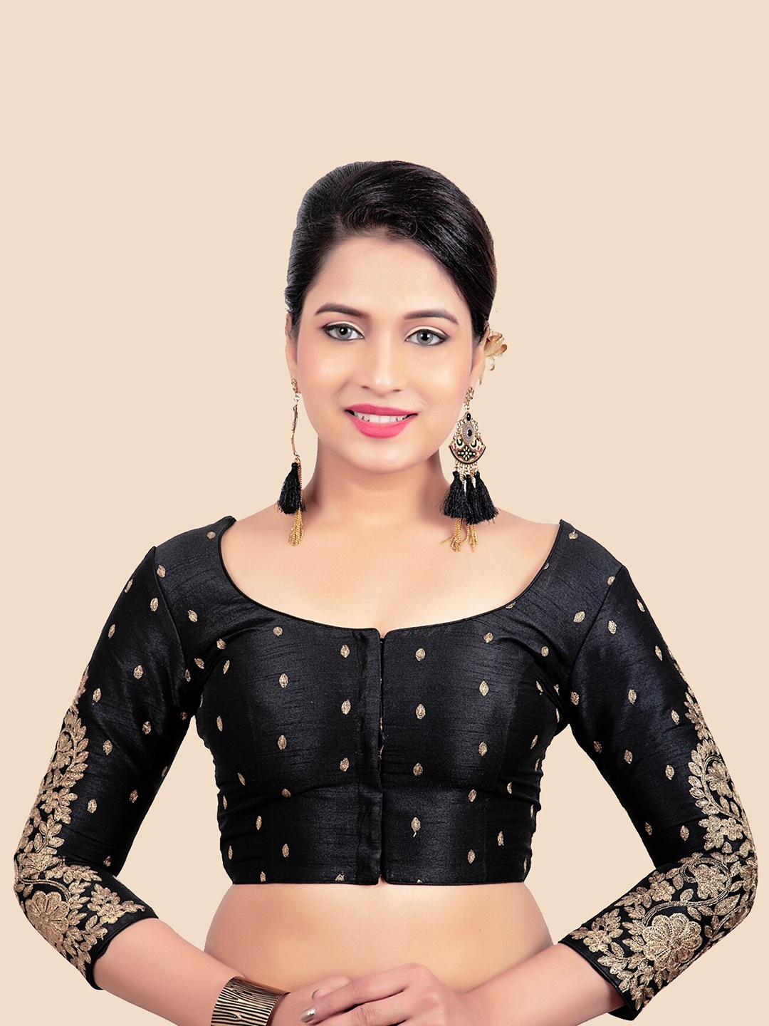 

FEMMIBELLA Women Black & Gold-Toned Embroidered Saree Blouse