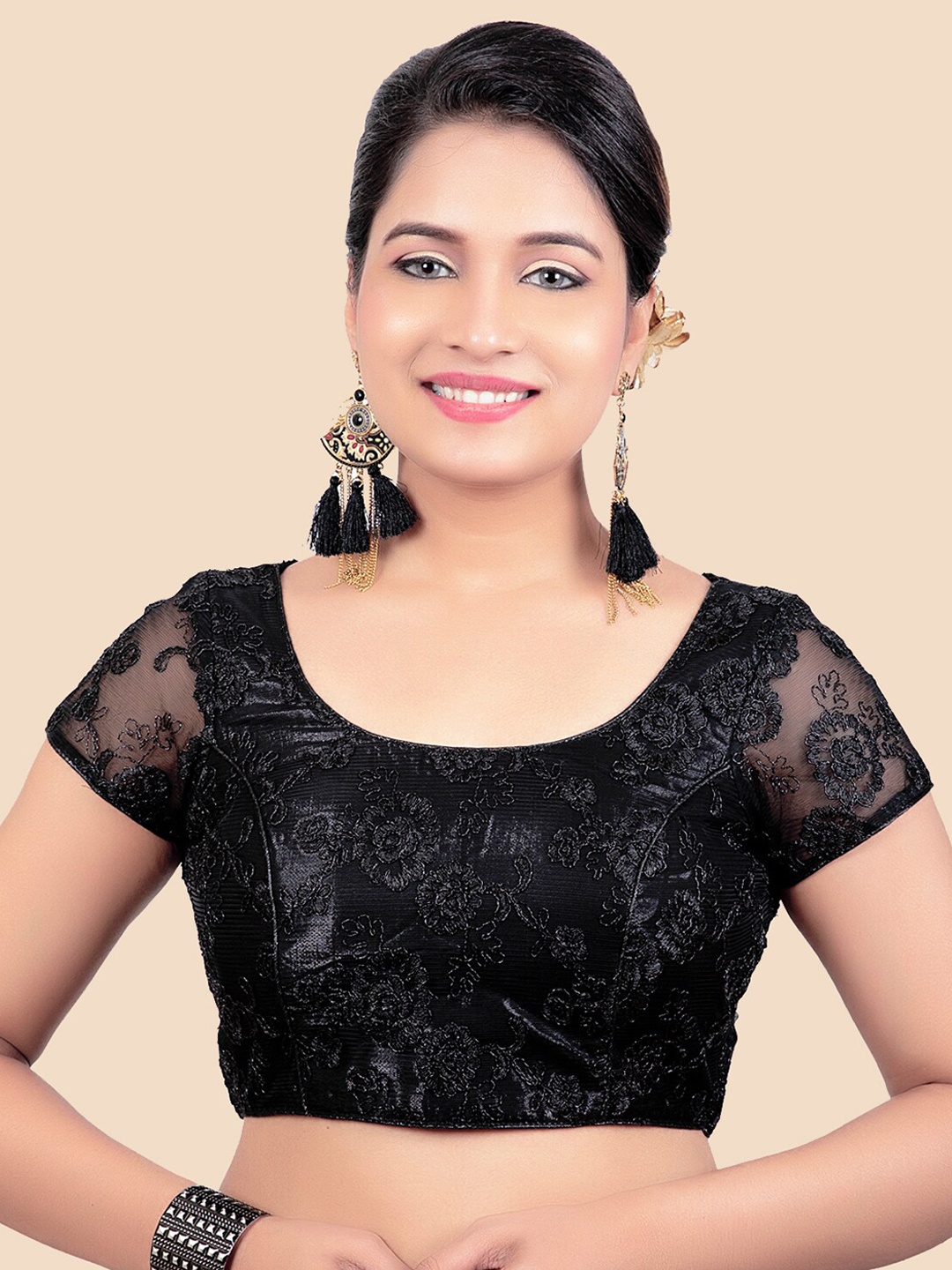 

FEMMIBELLA Women Black Art Silk Net Embroidered Saree Blouse