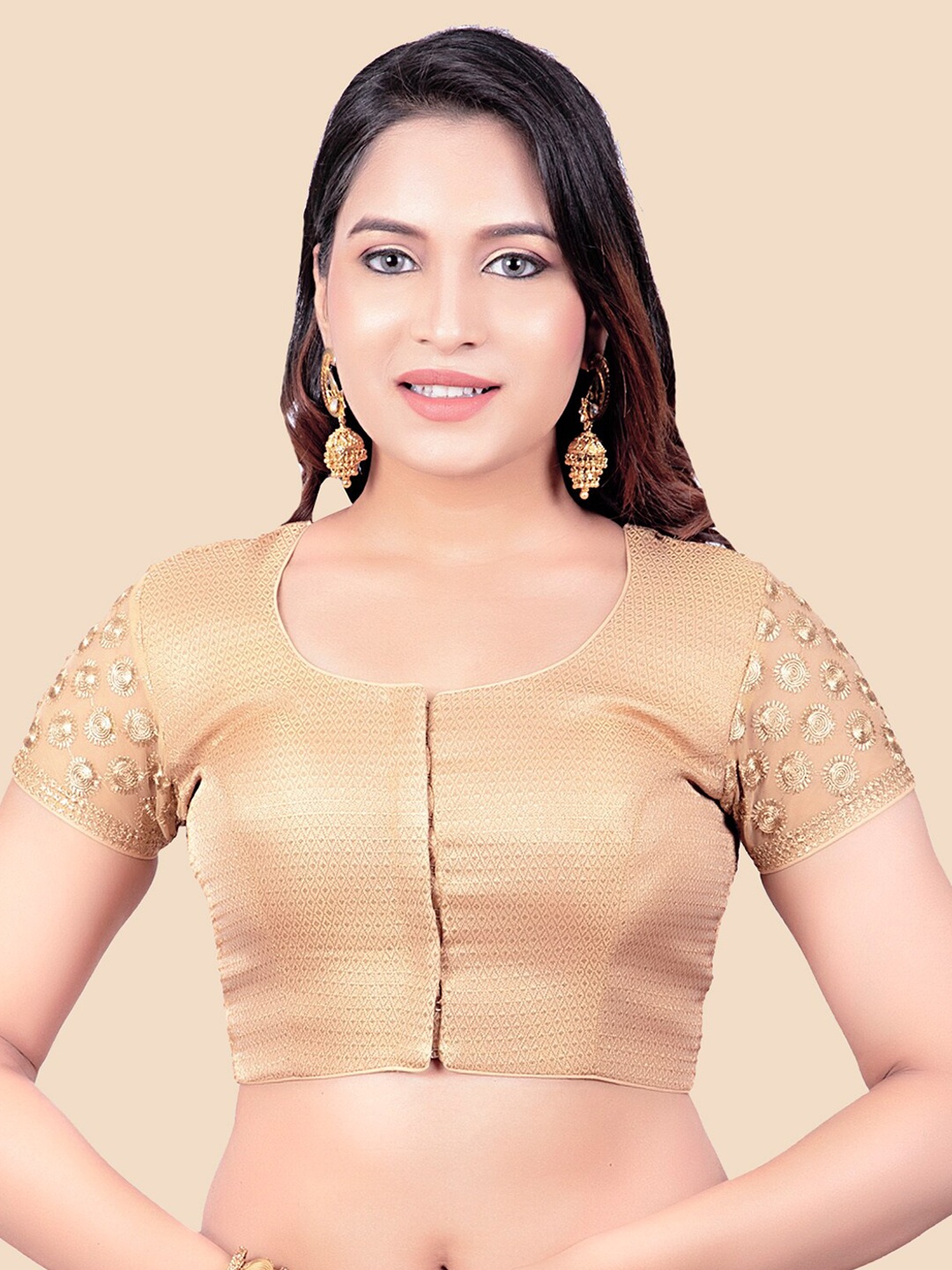 

FEMMIBELLA Golden Woven Design Embroidered Detail Raw Silk Blouse, Gold