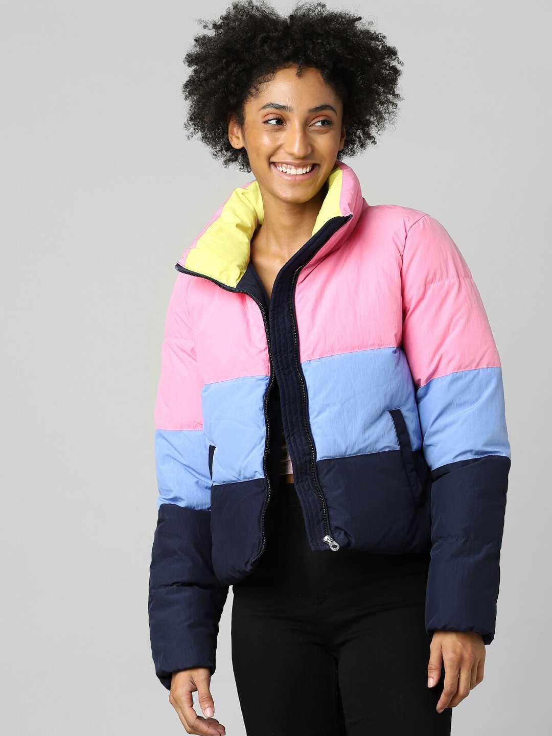

ONLY Women Pink Blue Colourblocked Puffer Jacket