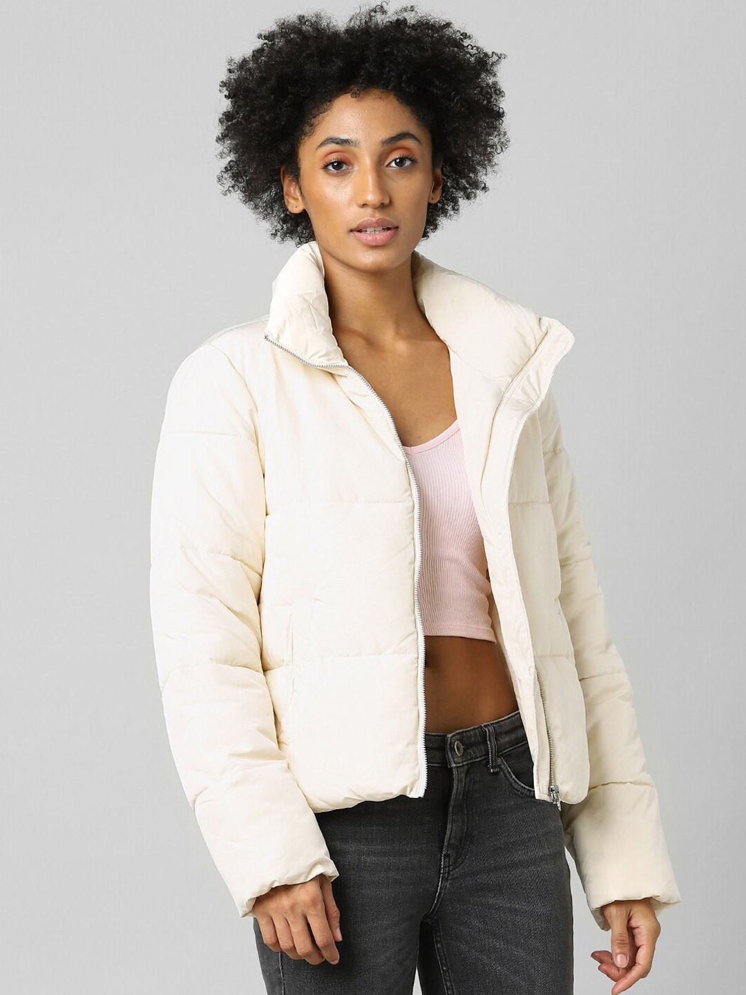 

ONLY Women Beige Stand Collar Padded Jacket