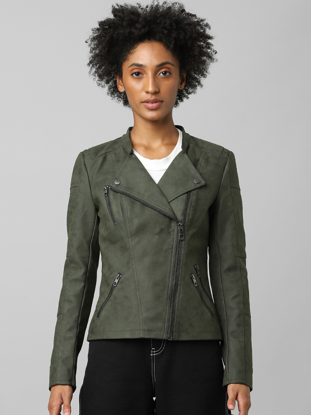 

ONLY Women Green Crop Biker Jacket