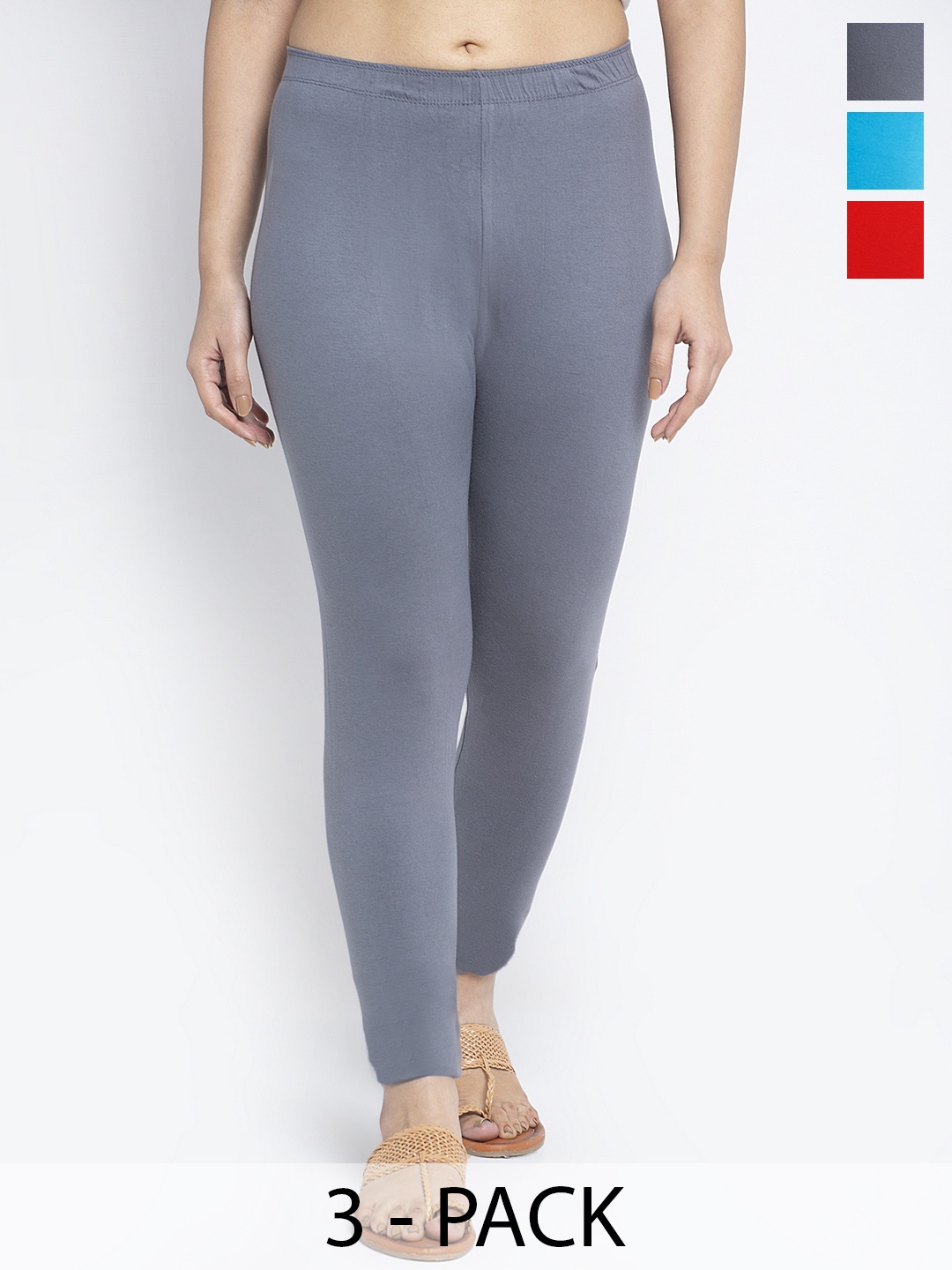 

GRACIT Women Pack Of 3 Solid Red, Grey, Blue Ankle-Length Leggings