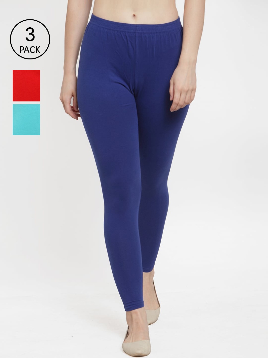 

GRACIT Women Pack Of 3 Red & Blue Solid Ankle Length Leggings