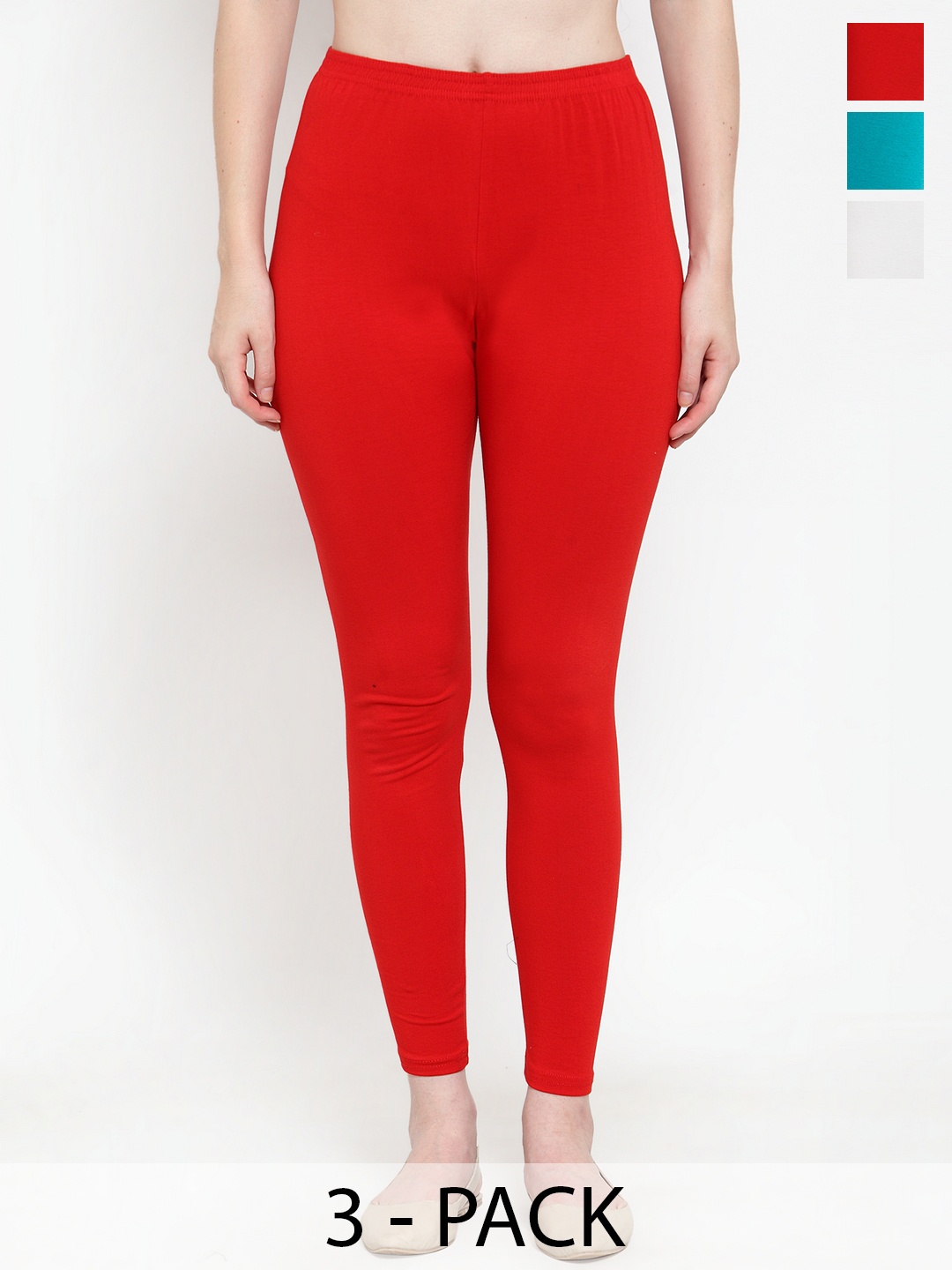

GRACIT Women Red & Blue Pack Of 3 Solid Ankle-Length Leggings, White