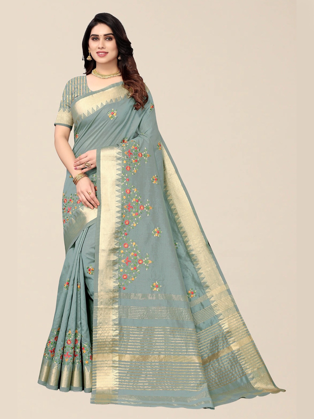 

SERONA FABRICS Turquoise Blue & Gold-Toned Embellished Embroidered Silk Cotton Saree