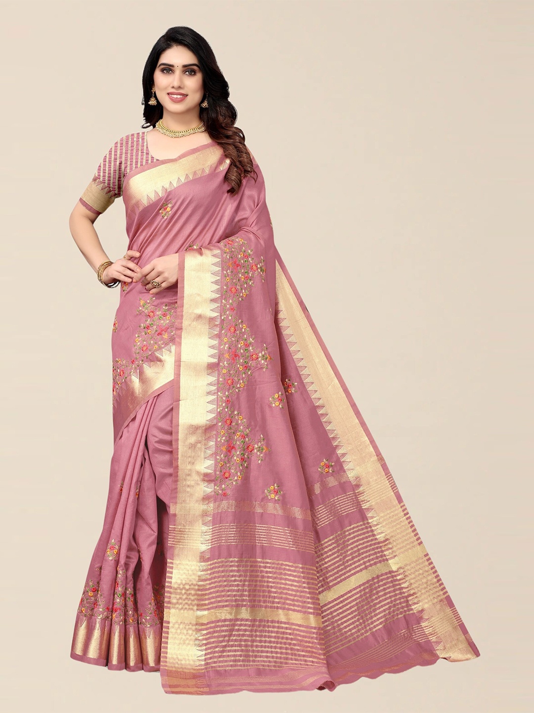 

SERONA FABRICS Pink Floral Embroidered Silk Cotton Saree