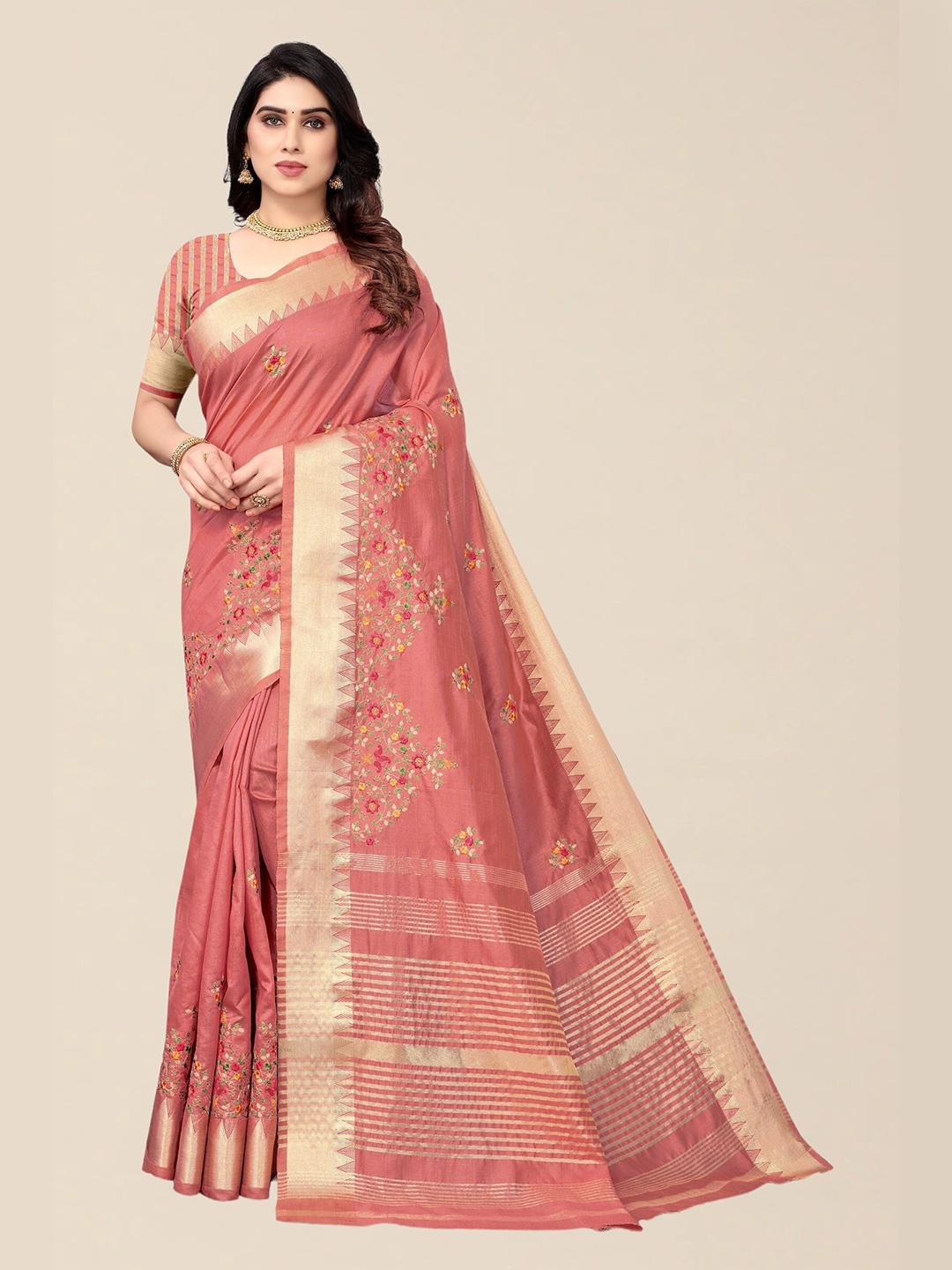 

SERONA FABRICS Peach-Coloured Floral Embroidered Silk Cotton Saree