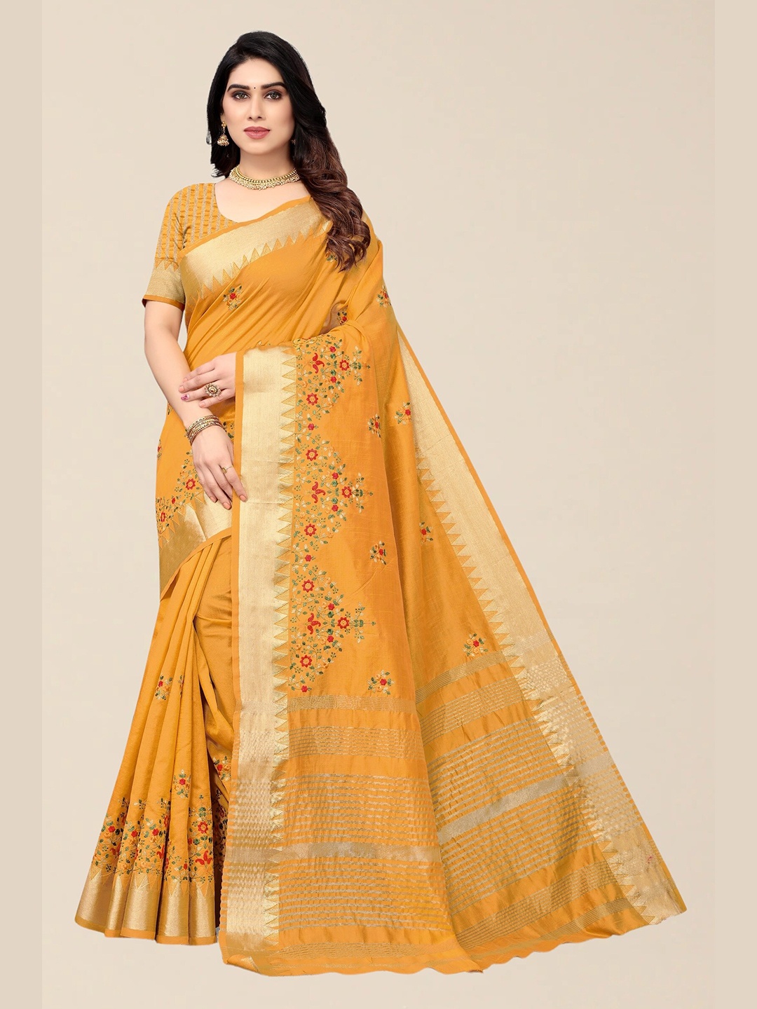 

SERONA FABRICS Yellow Floral Embroidered Zari Silk Cotton Saree