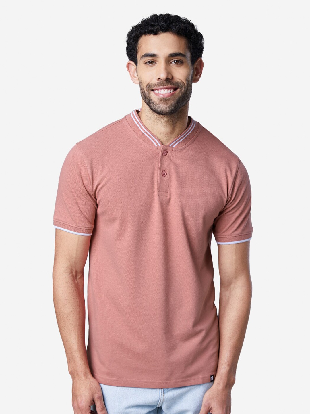 

The Souled Store Men Pink Henley Neck Slim Fit T-shirt