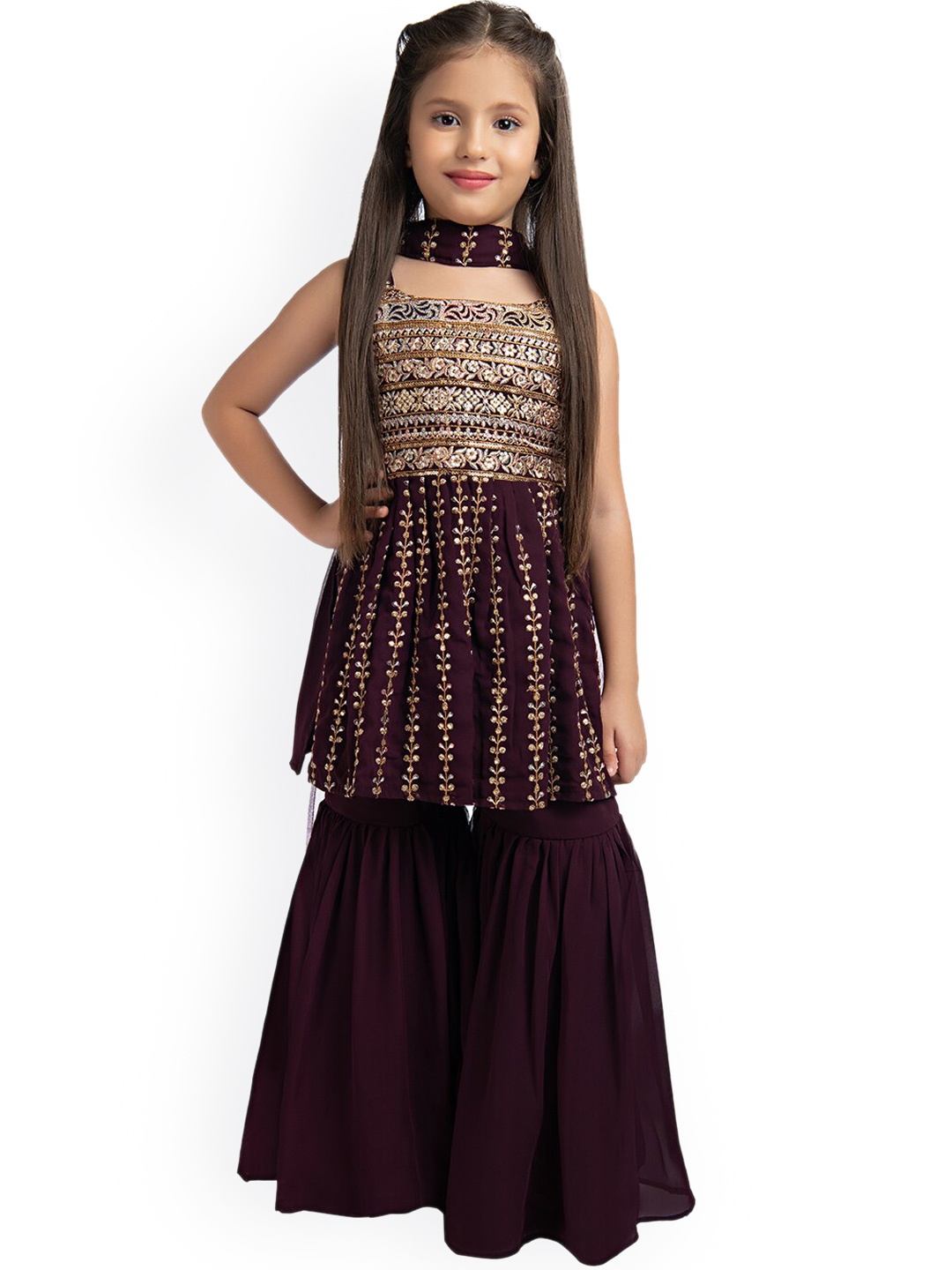 

BETTY Girls Burgundy Embroidered Empire Sequinned Kurta with Sharara & Dupatta