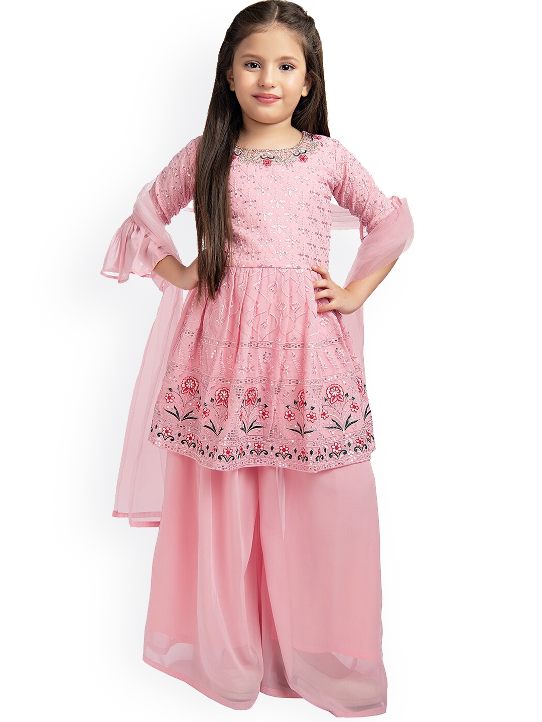 

BETTY Girls Pink Ethnic Motifs Embroidered Sequinned Pure Silk Kurta with Palazzos & With Dupatta