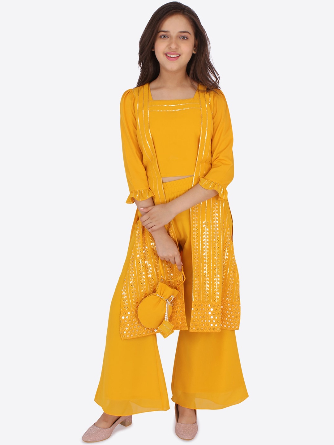

CUTECUMBER Girls Yellow Floral Mirror Work Top with Palazzos