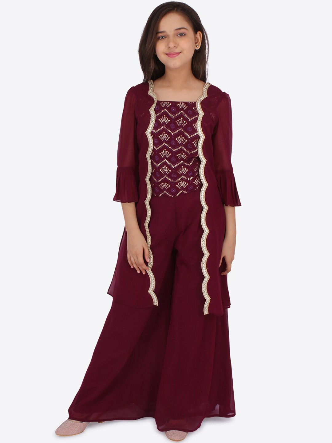 

CUTECUMBER Girls Maroon Embroidered Sequinned Top with Palazzos
