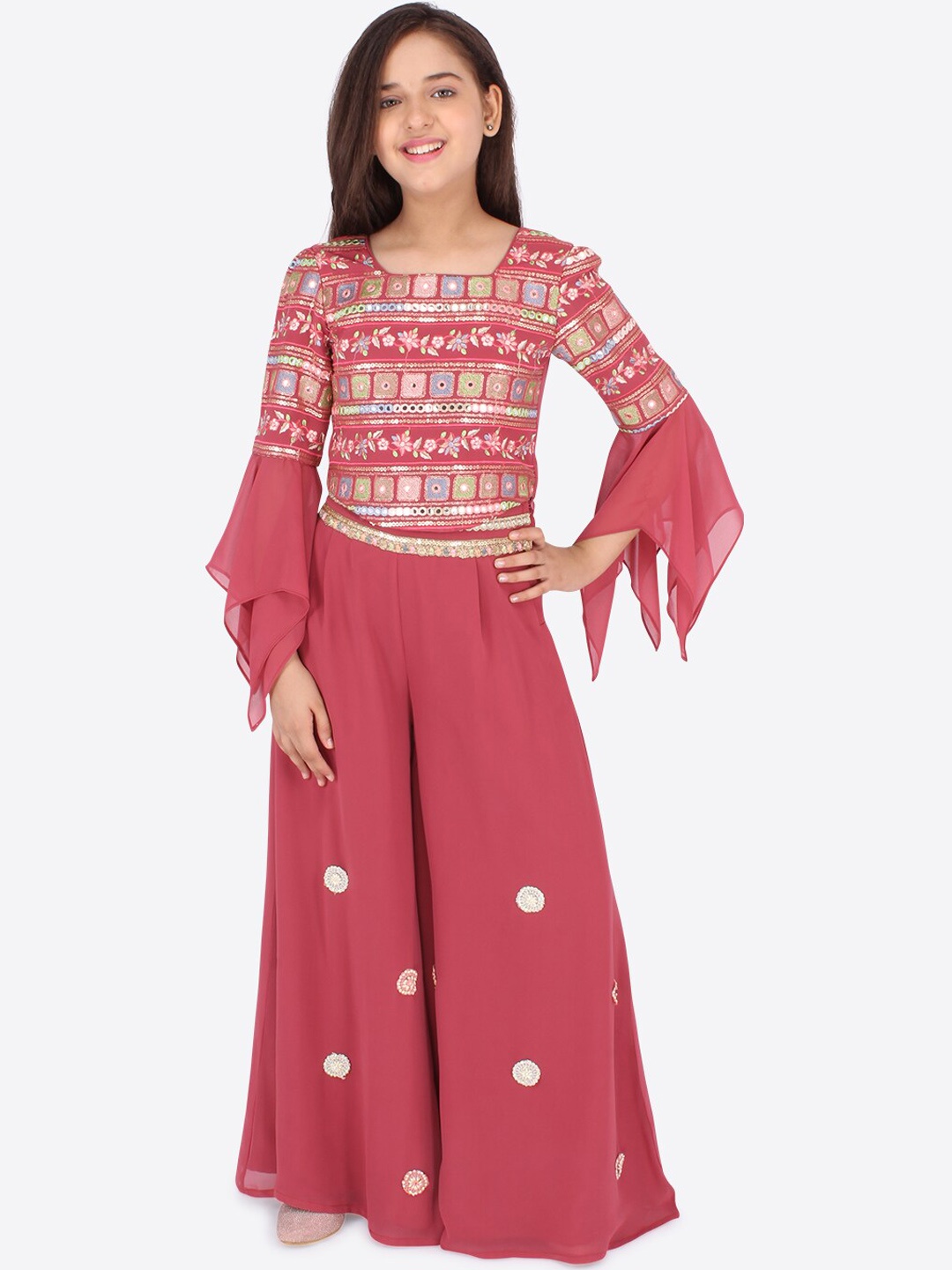 

CUTECUMBER Girls Rust Embroidered Mirror Work Kurta with Sharara