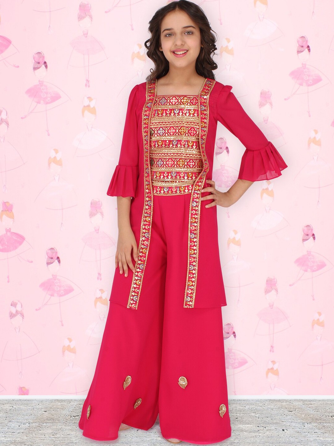 

CUTECUMBER Girls Fuchsia Floral Embroidered Sequinned Top with Palazzos