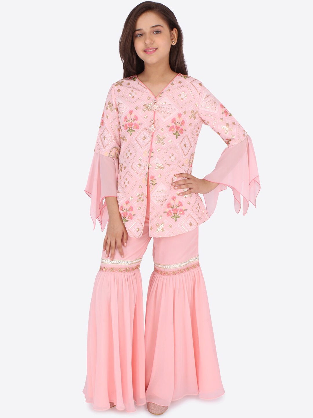 

CUTECUMBER Kids Girls Peach-Coloured Floral Embroidered Sequinned Kurti With Sharara