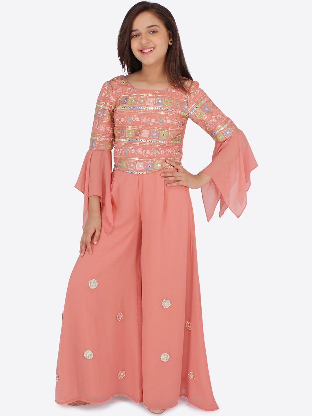 

CUTECUMBER Girls Peach-Coloured Mirror Work Kurti with Palazzos