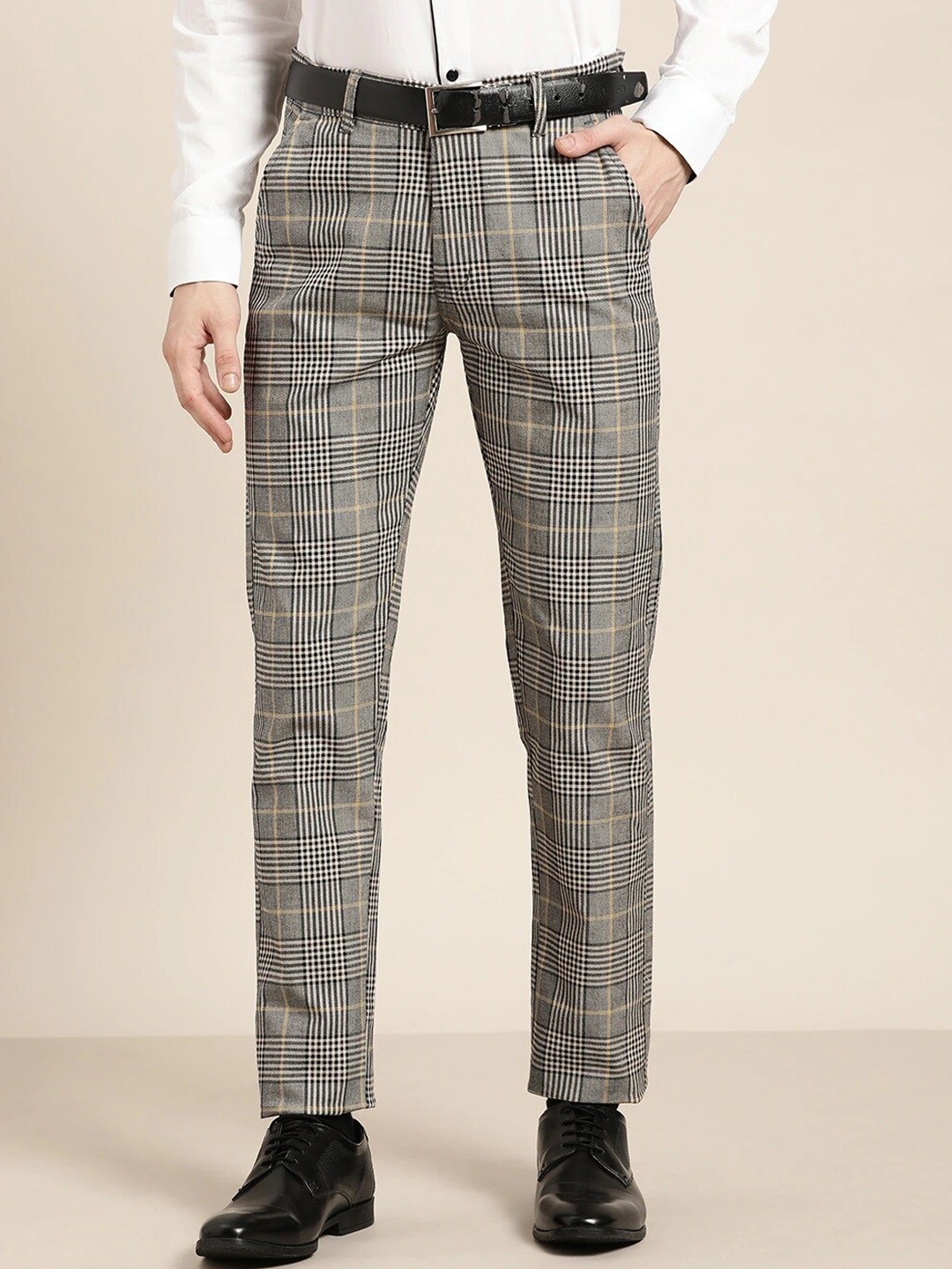 

Hancock Men Grey Checked Slim Fit Pure Cotton Formal Trousers