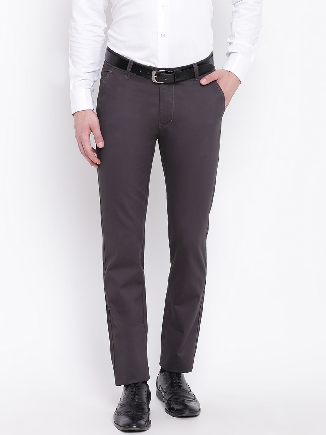 

Hancock Men Grey Solid Slim Fit Pure Cotton Formal Trousers