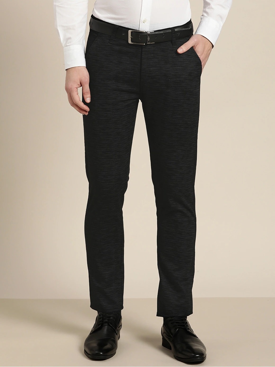 

Hancock Men Black Textured Slim Fit Pure Cotton Formal Trousers
