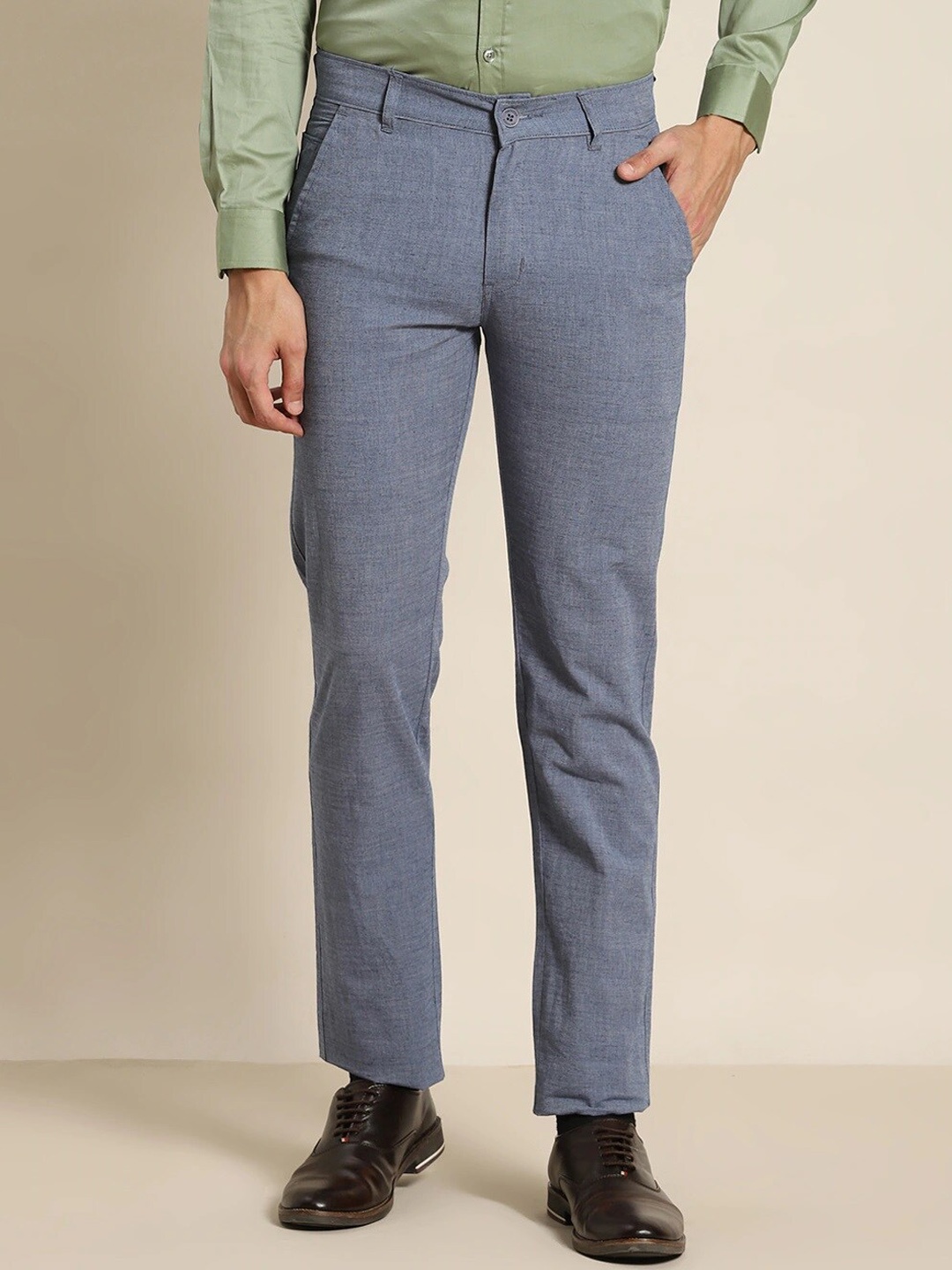 

Hancock Men Blue Textured Slim Fit Pure Cotton Formal Trousers