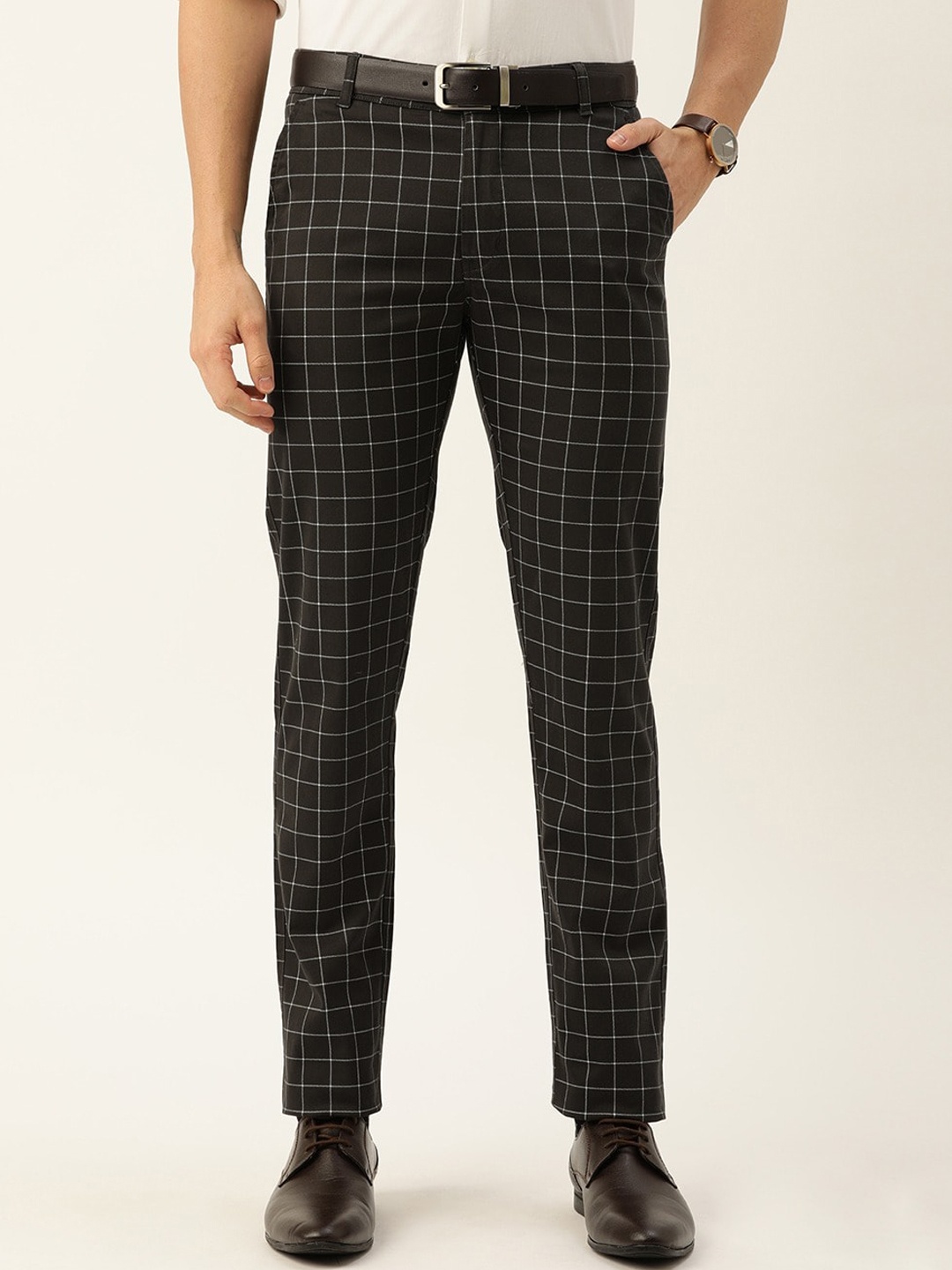 

Hancock Men Grey Checked Slim Fit Pure Cotton Formal Trousers