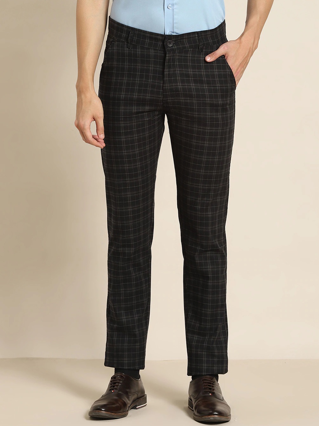 

Hancock Men Black Checked Slim Fit Pure Cotton Formal Trouser