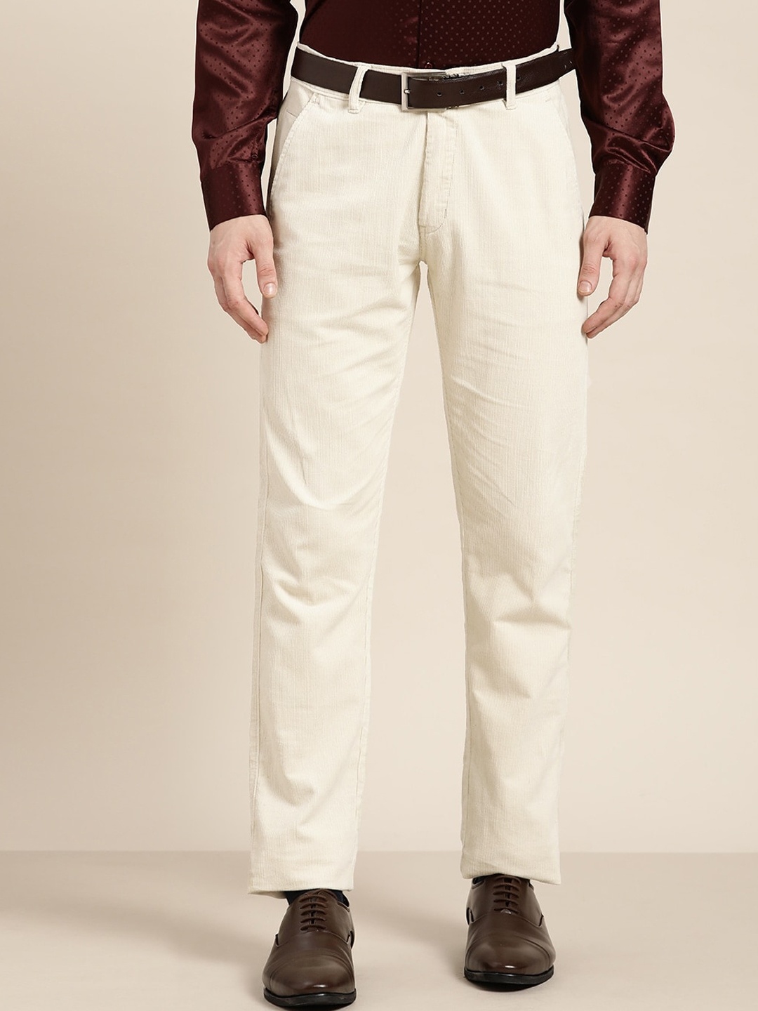 Hancock Men Beige Slim Fit Corduroy Pure Cotton Formal Trousers