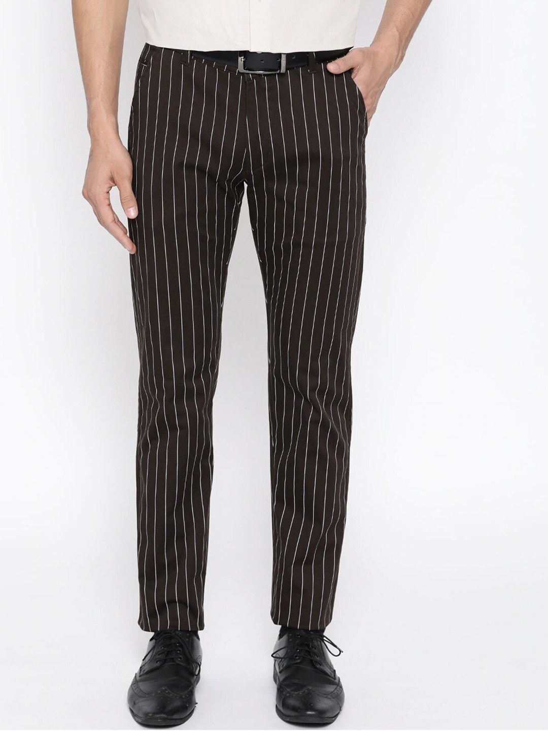 

Hancock Men Brown Striped Slim Fit Pure Cotton Formal Trousers