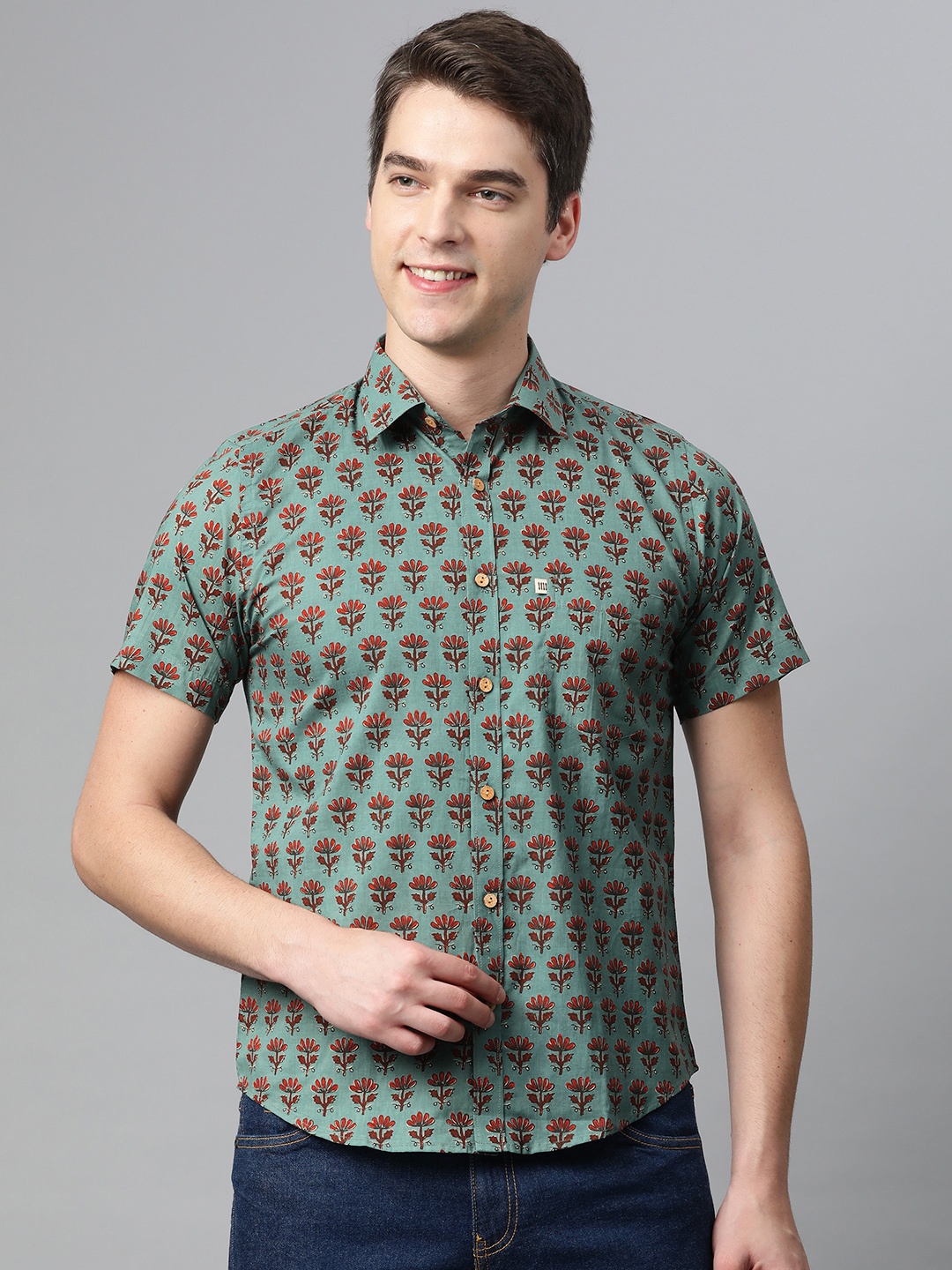 

Readiprint Fashions Men Green & Red Slim Fit Floral Print Casual Shirt
