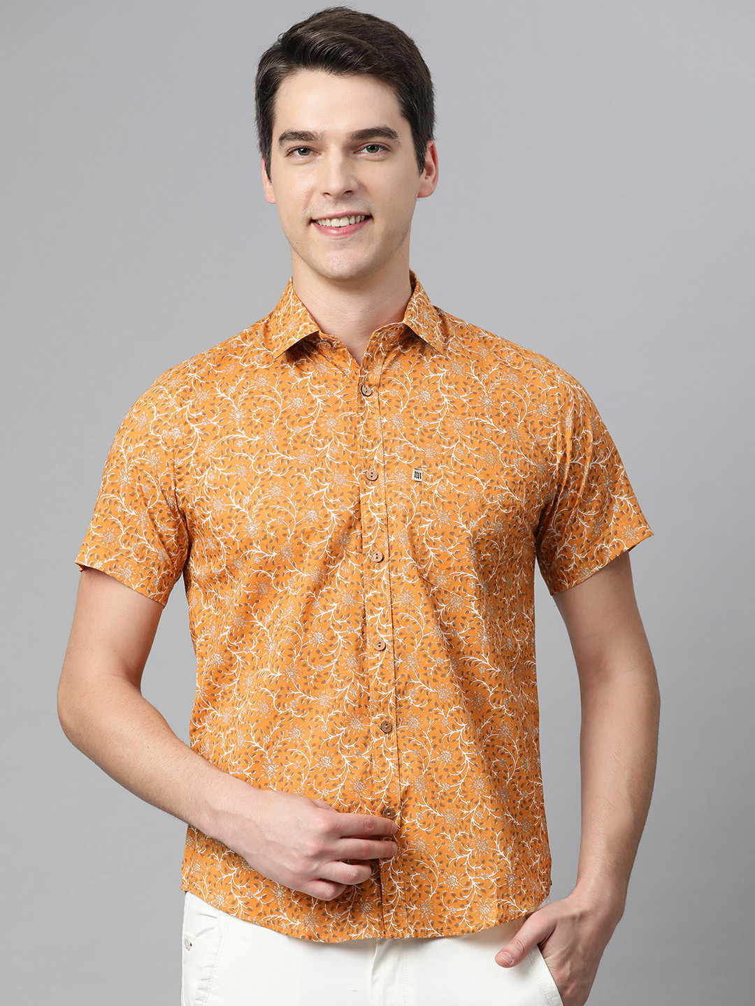 

Readiprint Fashions Men Mustard Yellow & White Slim Fit Floral Print Casual Shirt