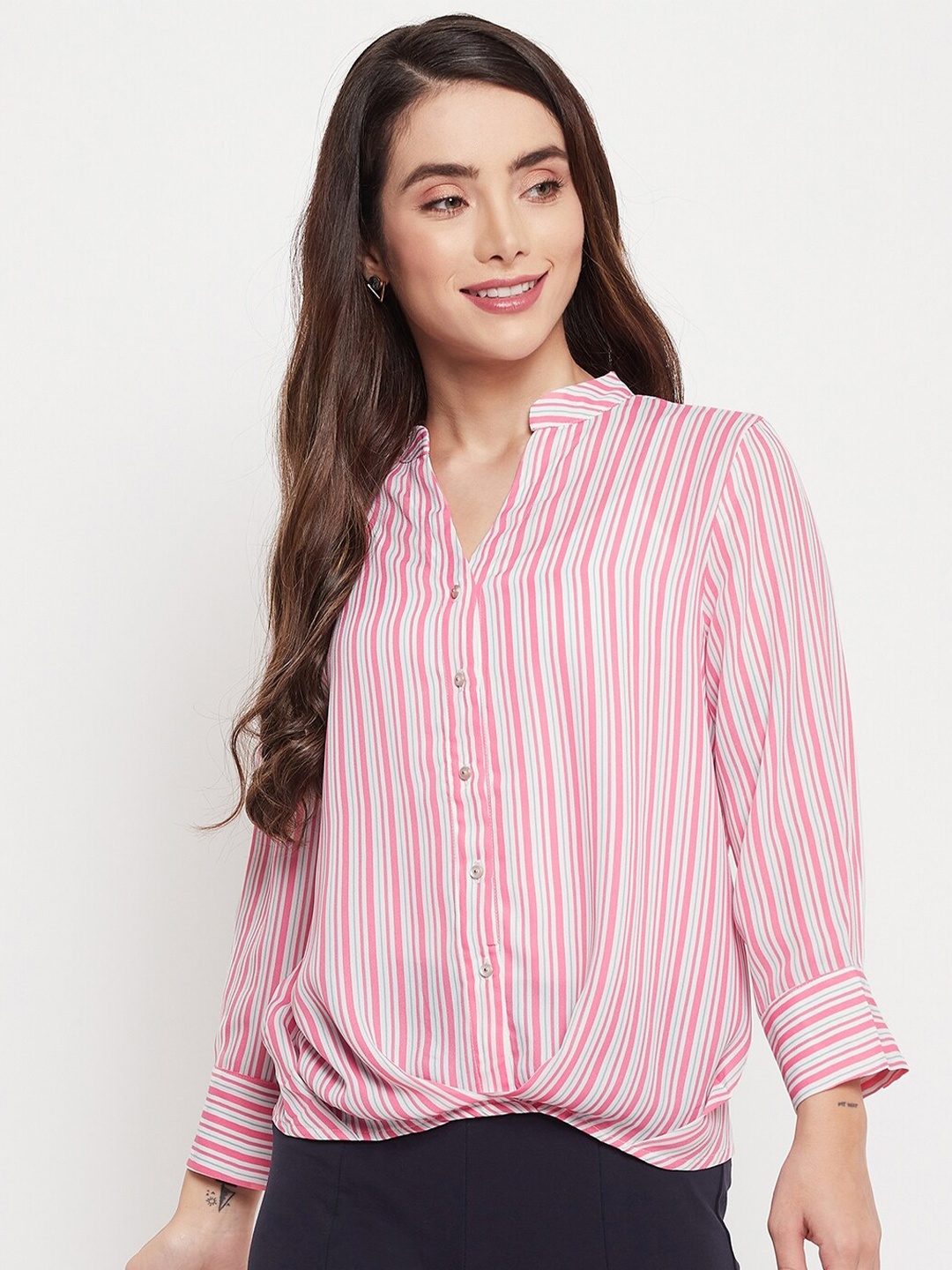 

Madame Women Pink Striped Casual Shirt