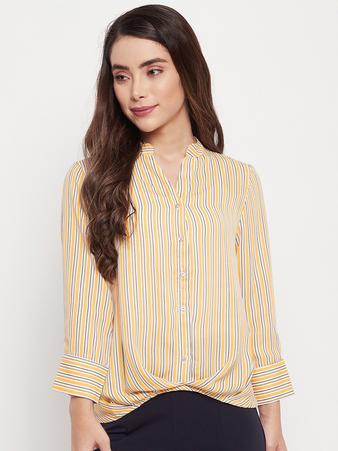 

Madame Women Mustard Striped Casual Shirt