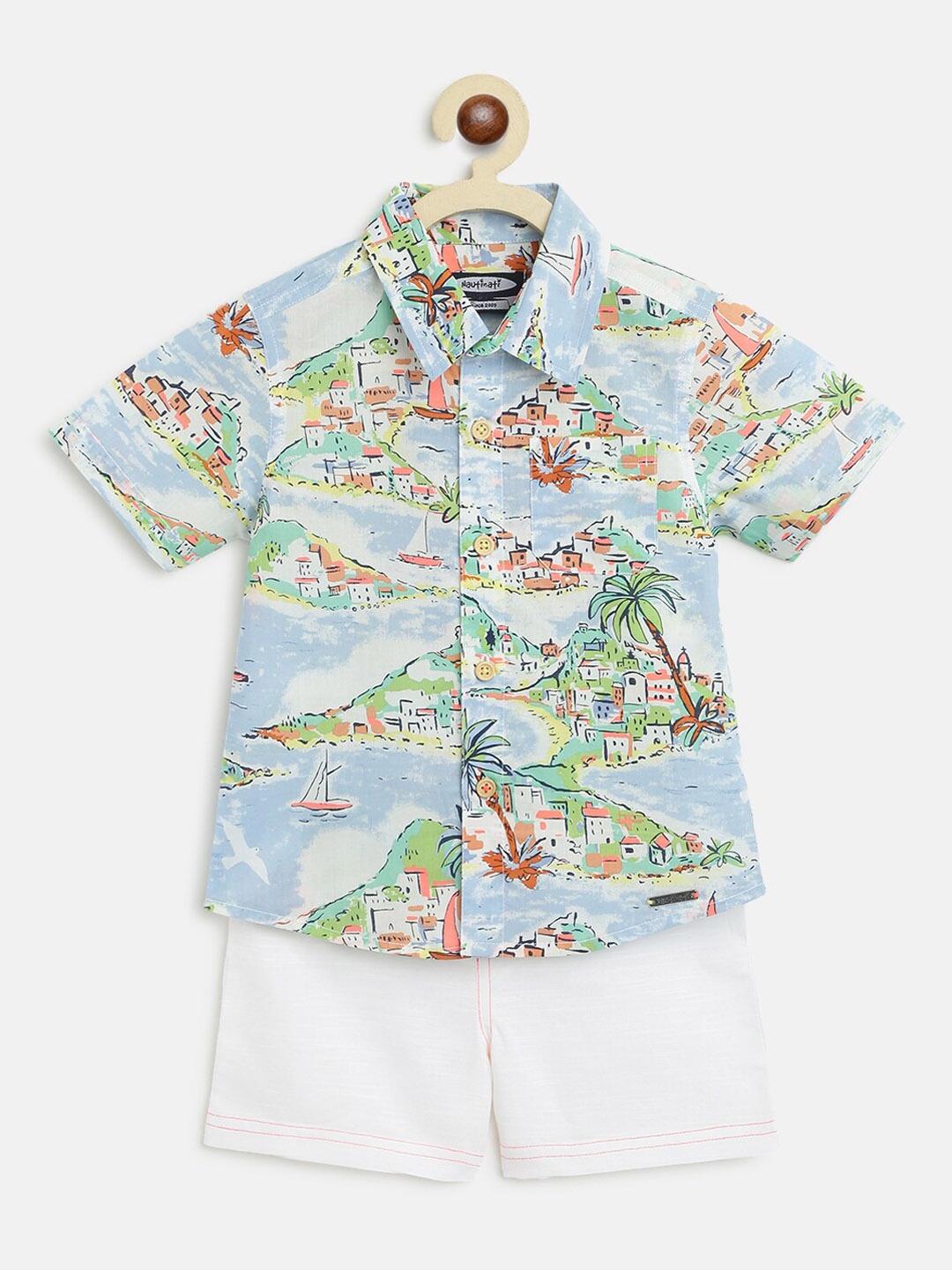

Nauti Nati Boys Blue & White Printed Pure Cotton Shirt with Shorts