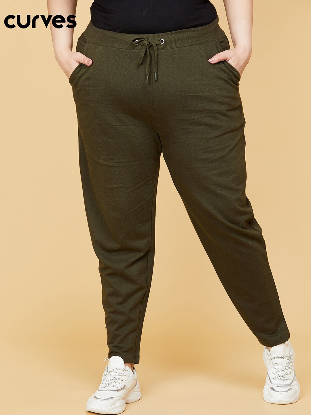 

max Women Plus Size Olive-Coloured Solid Pure Cotton Track Pants