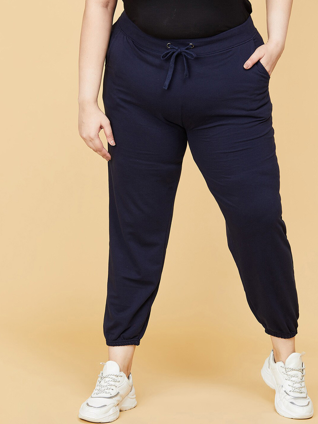 

max Women Plus Size Navy Blue Solid Pure Cotton Track Pants