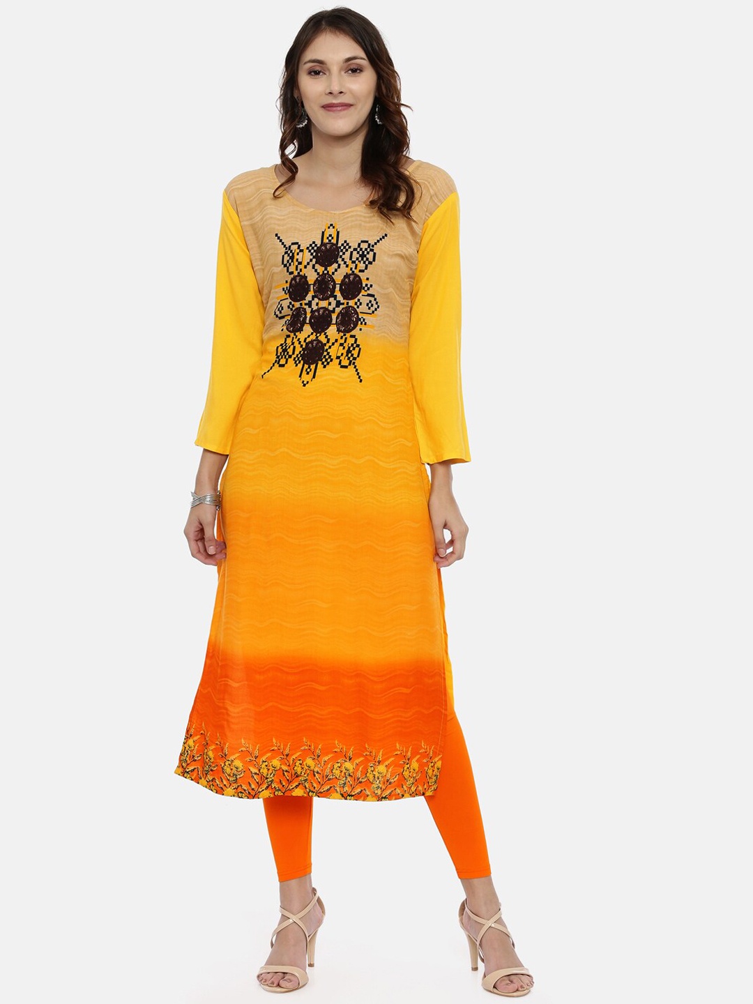 

Souchii Women Yellow & Orange Quirky Printed Kurta