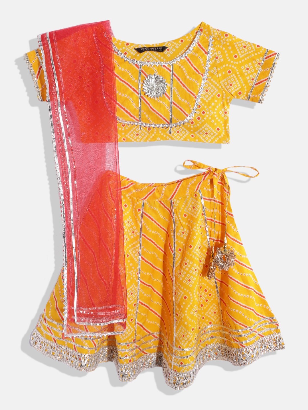 

Readiprint Fashions Girls Yellow & Red Embellished Ready to Wear Lehenga & Blouse With Dupatta