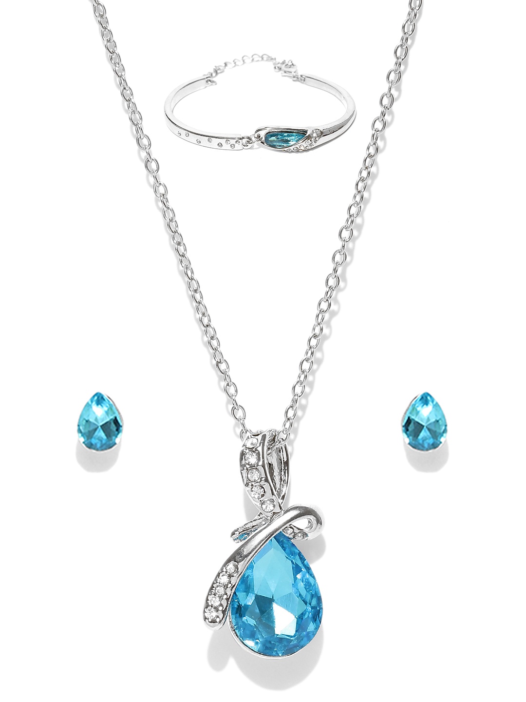 

YouBella Blue Silver-Plated Teardrop-Shaped Stone-Studded Jewellery Set