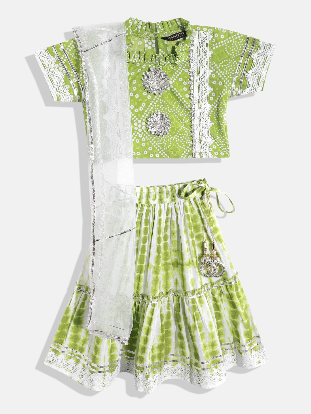 

Readiprint Fashions Girls Green & White Embellished Ready to Wear Lehenga & Blouse With Dupatta