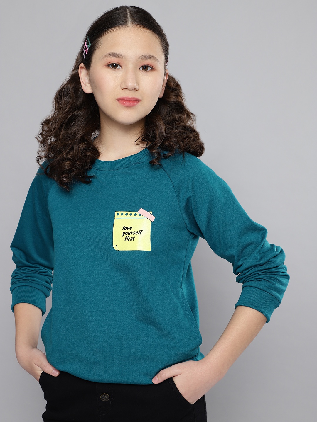 

M&H Juniors Girls Teal Blue Printed Sweatshirt