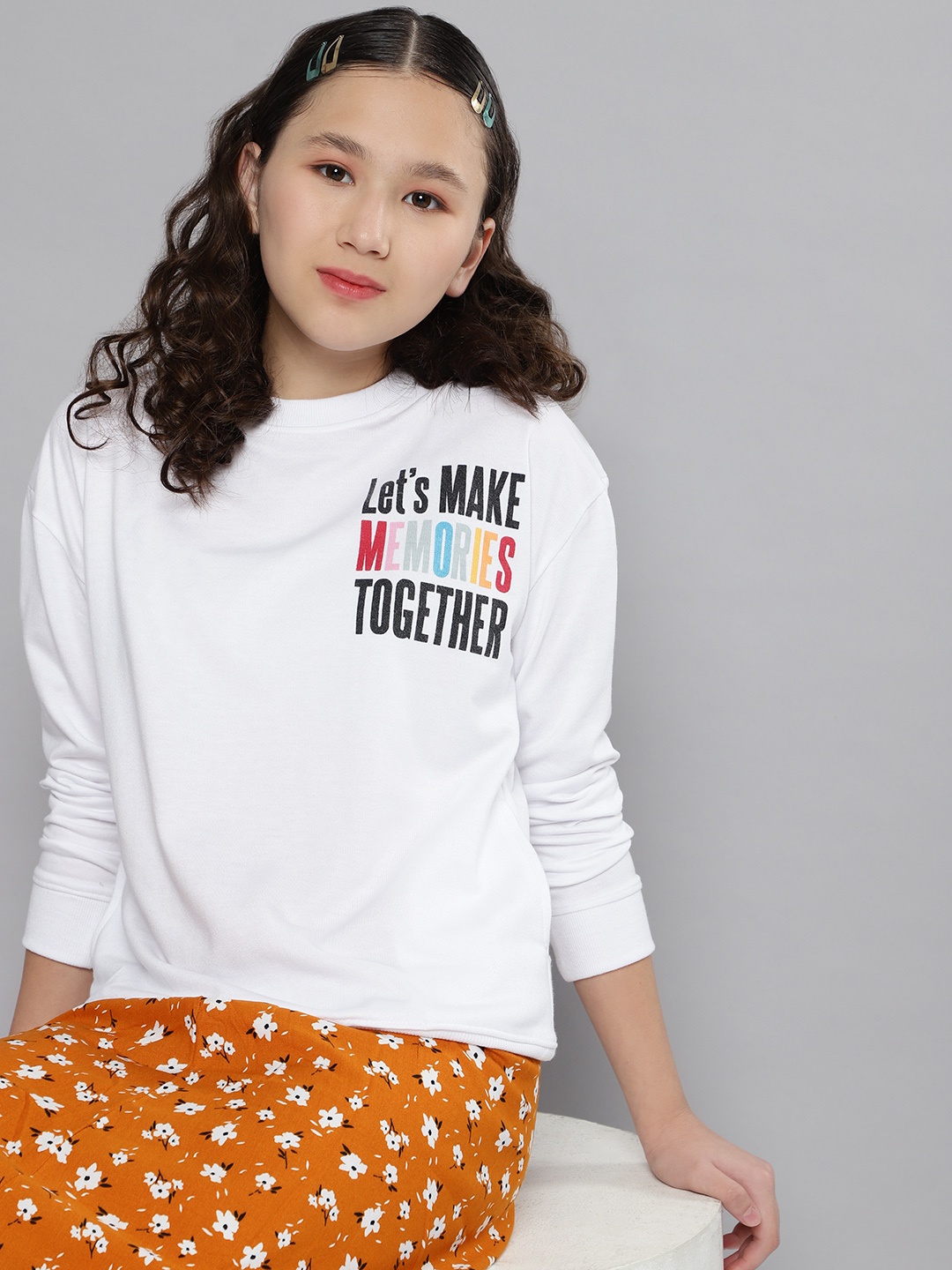 

M&H Juniors Girls White Typography Printed Sweatshirt