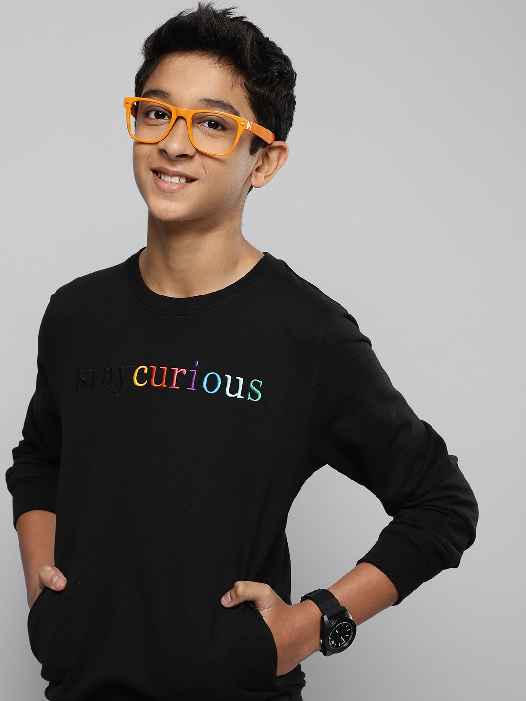 

M&H Juniors Boys Black Embroidered Round Neck Sweatshirt