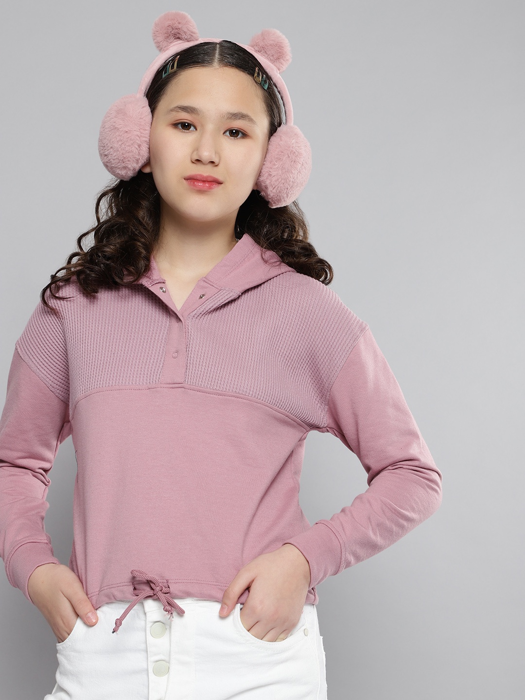 

M&H Juniors Girls Pink Self-Striped Hooded Sweatshirt