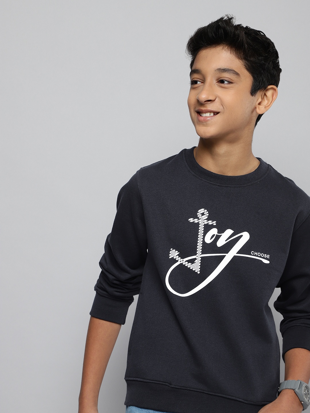 M&H Juniors Boys Navy Blue Typography Printed Sweatshirt