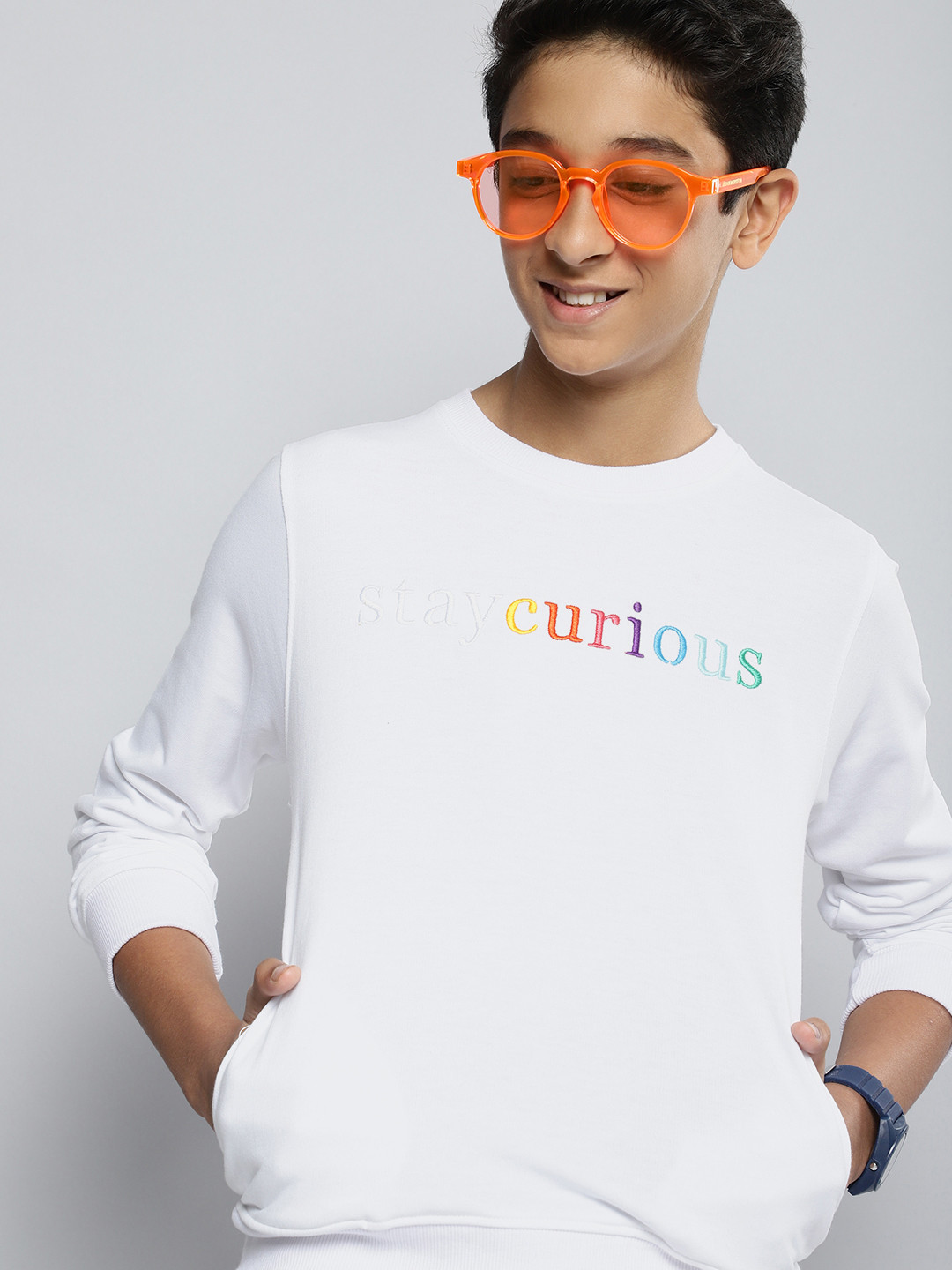 

M&H Juniors Boys White Embroidered Round Neck Sweatshirt