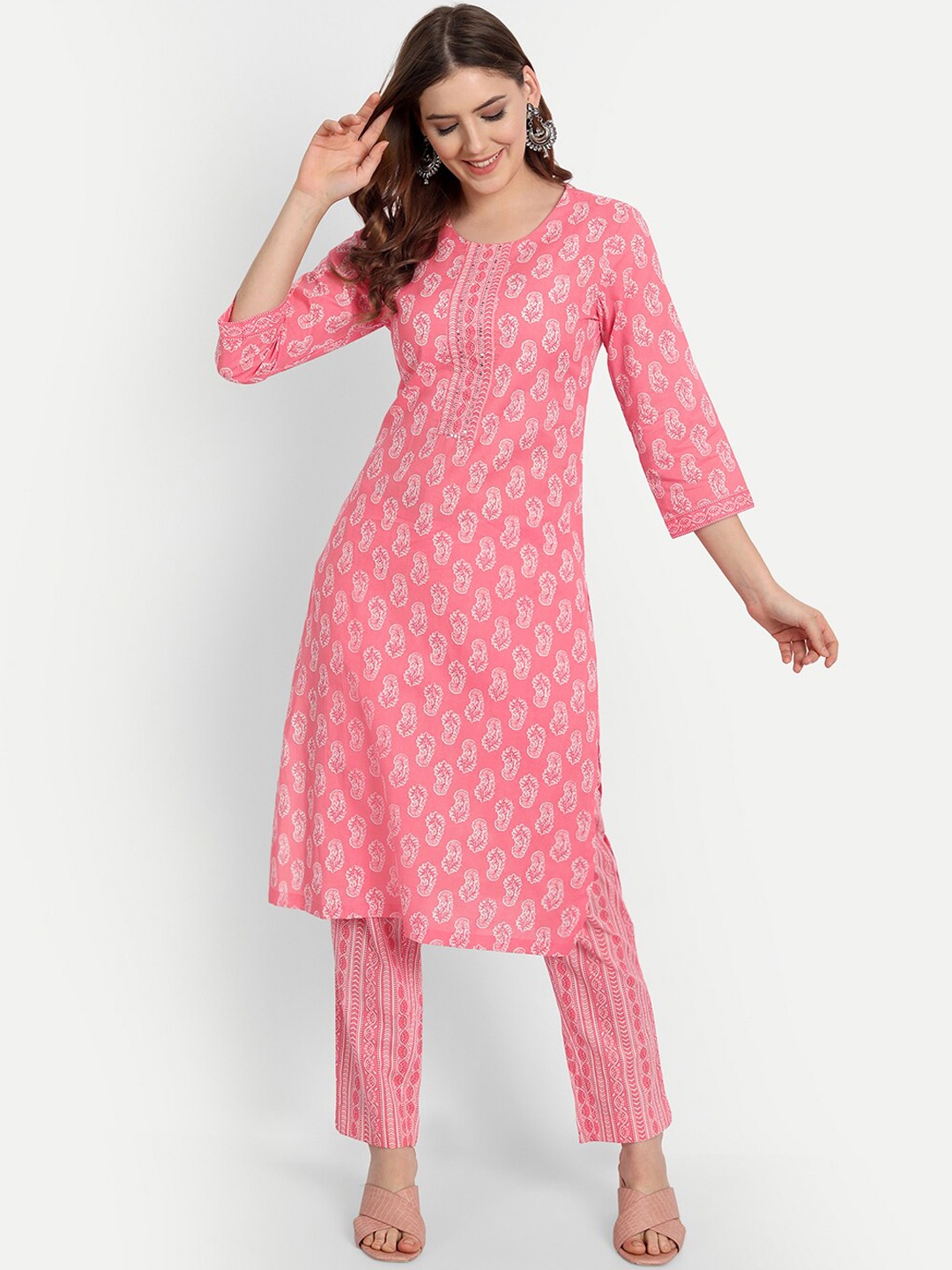 

SHEREEN Women Pink Ethnic Motifs Printed Pure Cotton Kurta with Trousers