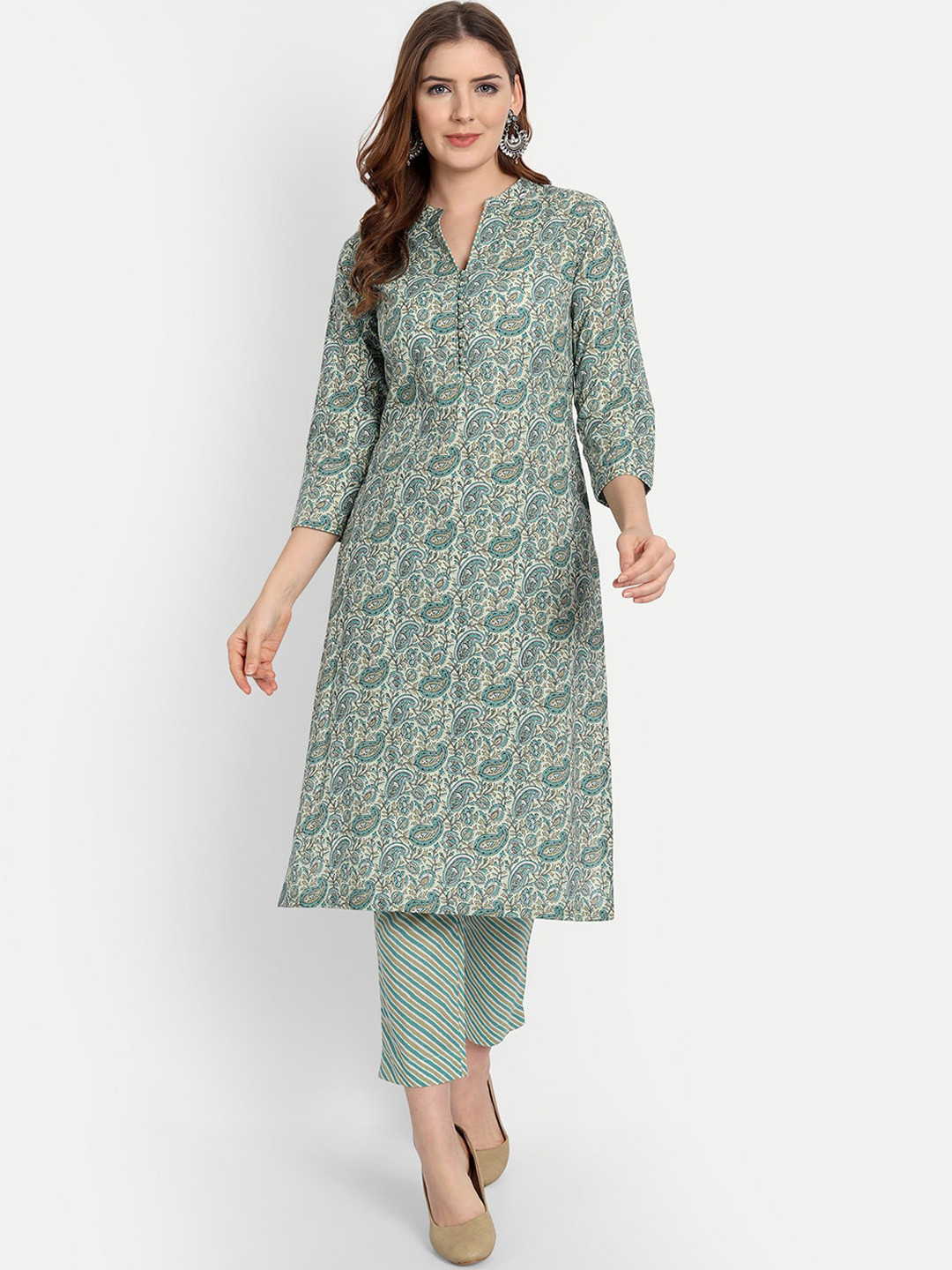 

SHEREEN Women Green Paisley Printed Pure Cotton Kurta with Trousers